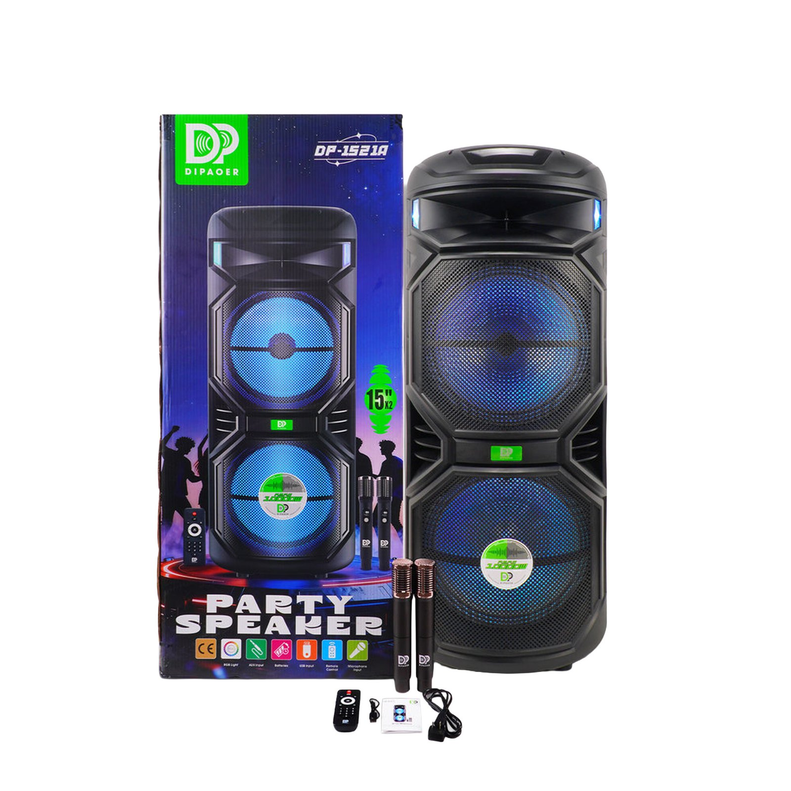 Cabina de sonido Dipaoer Pulse DP-1521A de 60 W con doble woofer de 15 pulgadas, luces RGB y micrófonos inalámbricos