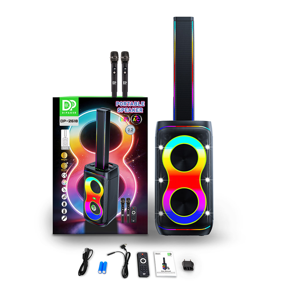 Cabina de sonido DIPAOER DP-2618 Cyclone 360 de 80W con doble woofer de 6,5”, luces RGB y 2 micrófonos inalámbricos Descripción del producto