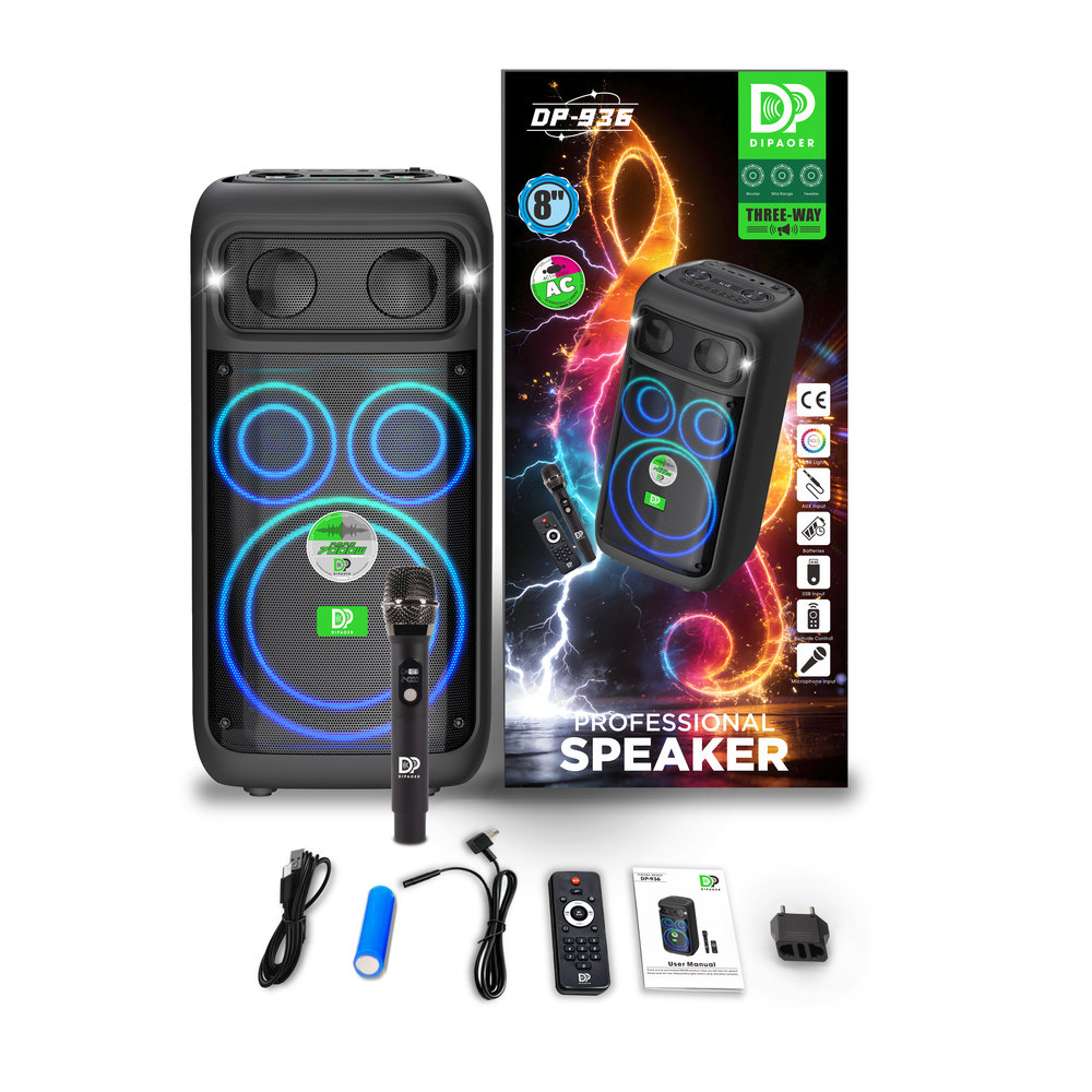 Cabina de sonido Dipaoer Nova Blast DP-936 de 60W con woofer de 8”, Bluetooth 5.3, luces LED y micrófono inalámbrico