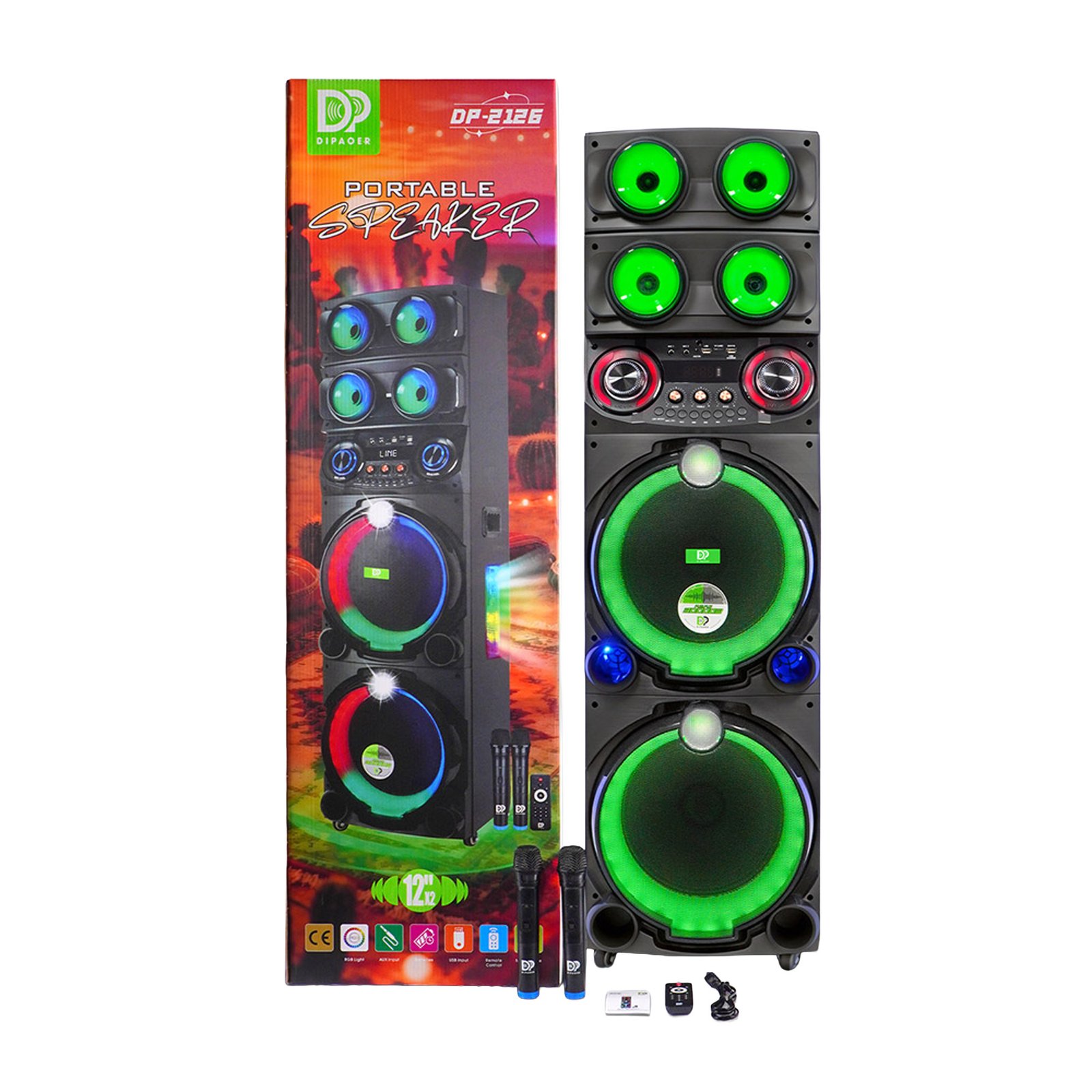 Cabina de sonido DIPAOER DP-2126 Riva de 120W con doble woofer de 12”, luces LED y 2 micrófonos inalámbricos Descripción del producto
