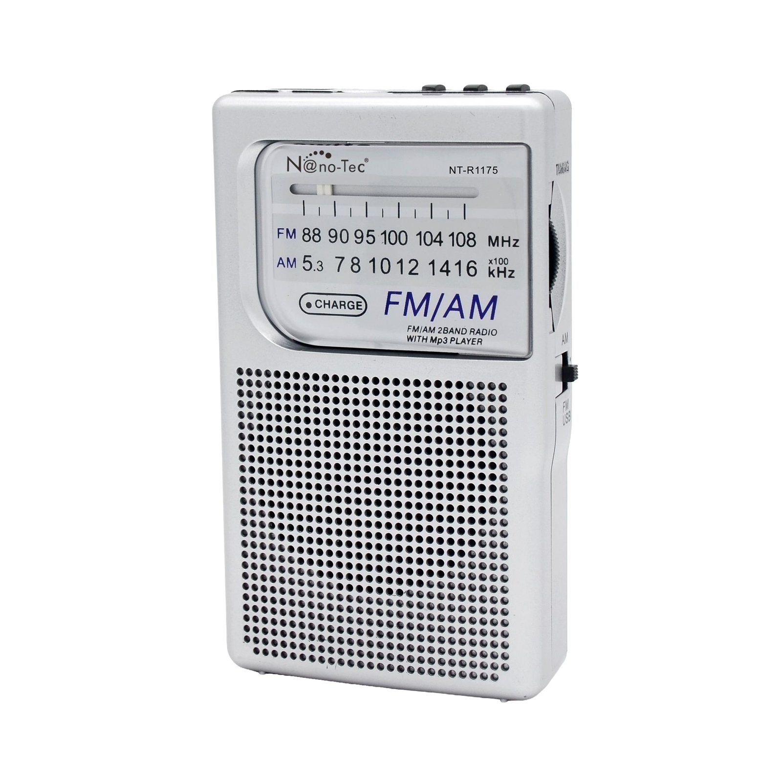 Radio portátil recargable Nano-Tec NT-R1175B AM/FM con reproductor USB y lector de tarjeta microSD