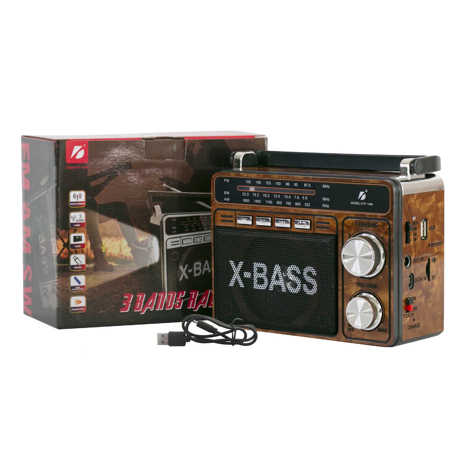 Radio portátil KTF-1466 AM FM SW con Bluetooth, panel solar y linterna