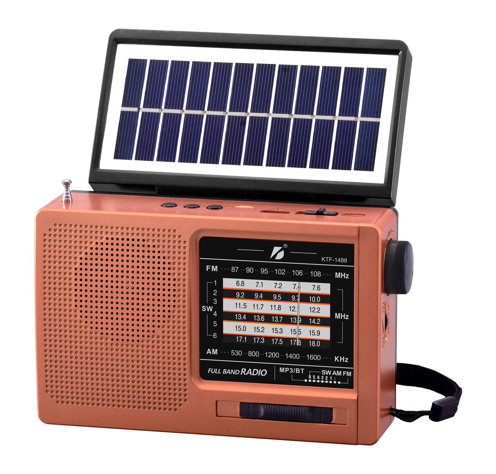 Radio parlante portátil KTF-1488 con panel solar, AM/FM/SW y reproductor USB