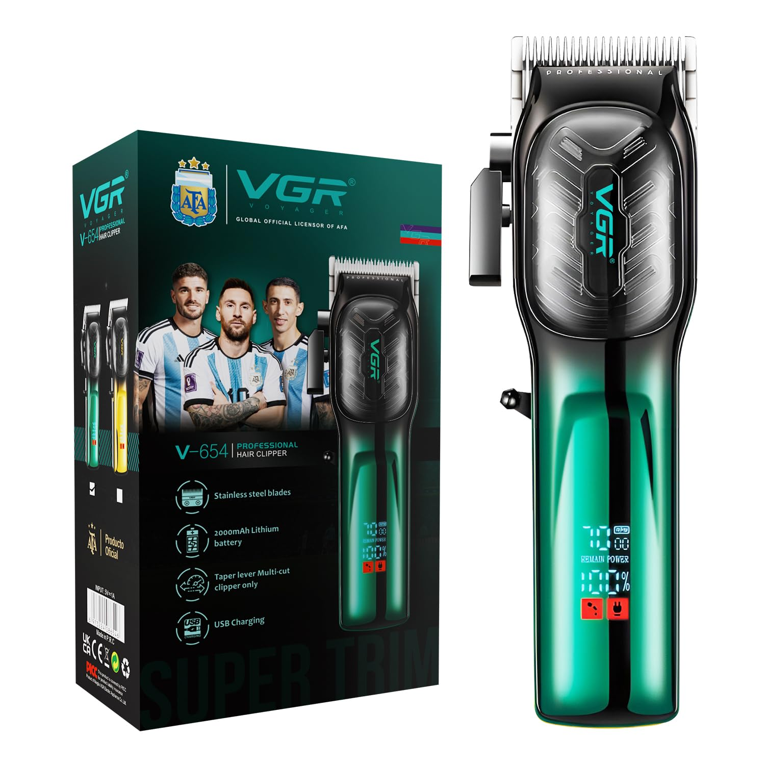 Máquina cortadora de cabello profesional VGR V-654 inalámbrica con pantalla digital y 6 peines guía