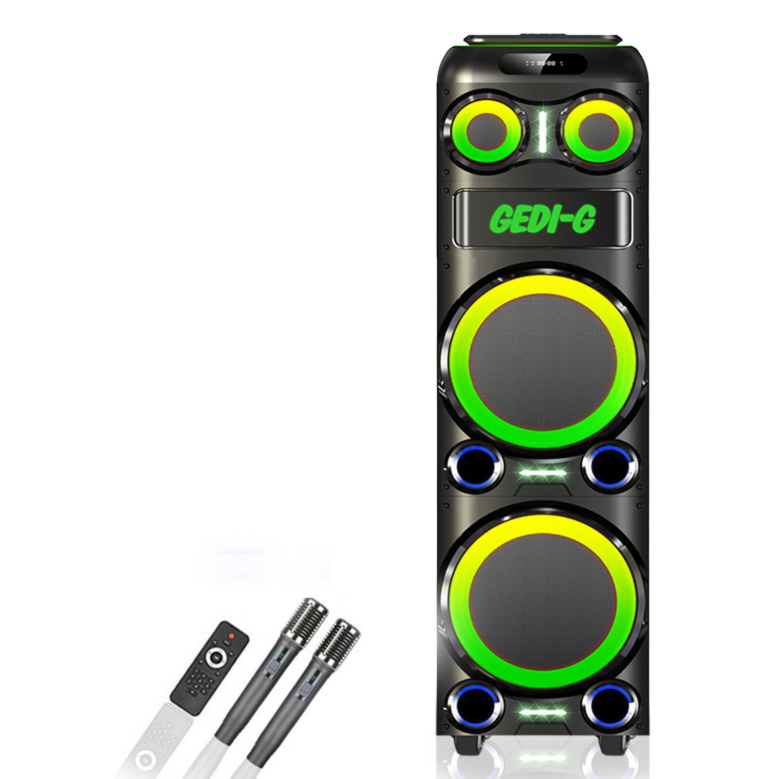 Cabina de sonido GEDI-G GD-2151 de 12 pulgadas con Bluetooth 5.3, luces LED RGB y 2 micrófonos inalámbricos