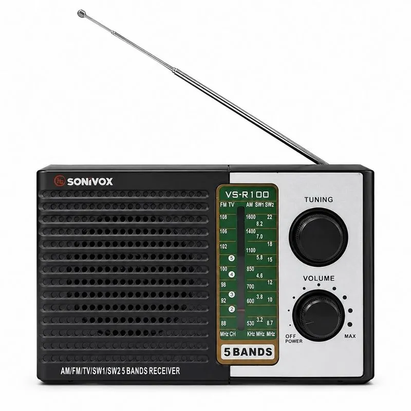Radio portátil Sonivox VS-R100 de 4 bandas AM/FM/SW1/SW2 con alimentación eléctrica y baterías