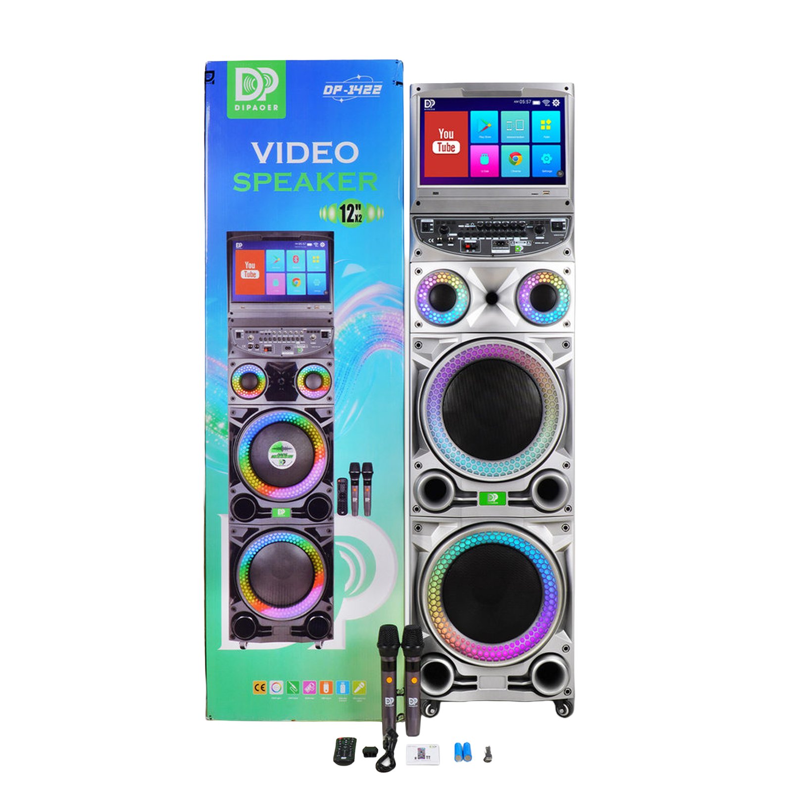 Cabina de sonido Dipaoer DP-1422 de 100W con pantalla táctil de 15,4”, Android y doble woofer de 12”