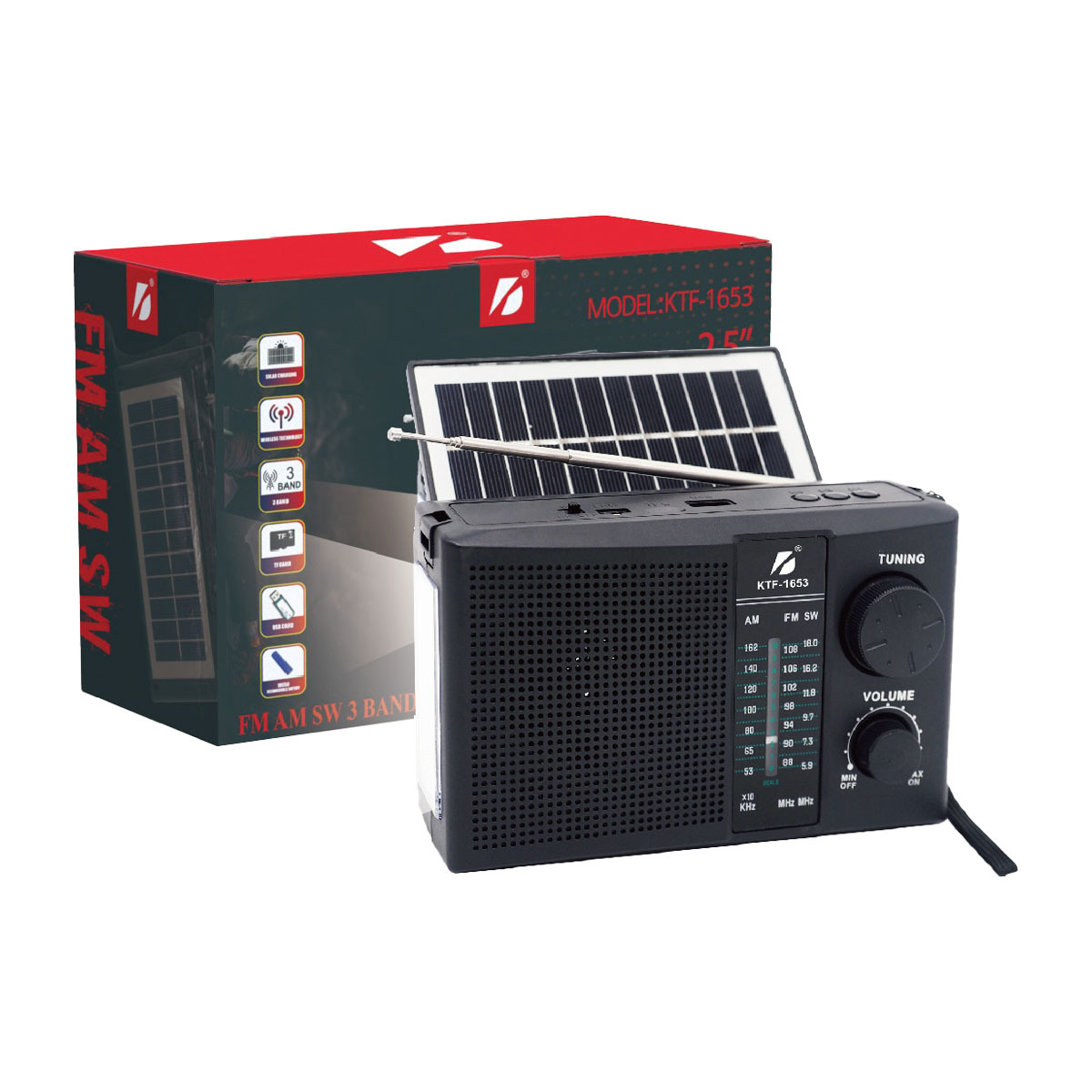 Radio portátil profesional KTF-1653 de precio económico, con manos libres para bicicleta, color negro, iluminación, banco de energía solar y altavoces potentes para exteriores