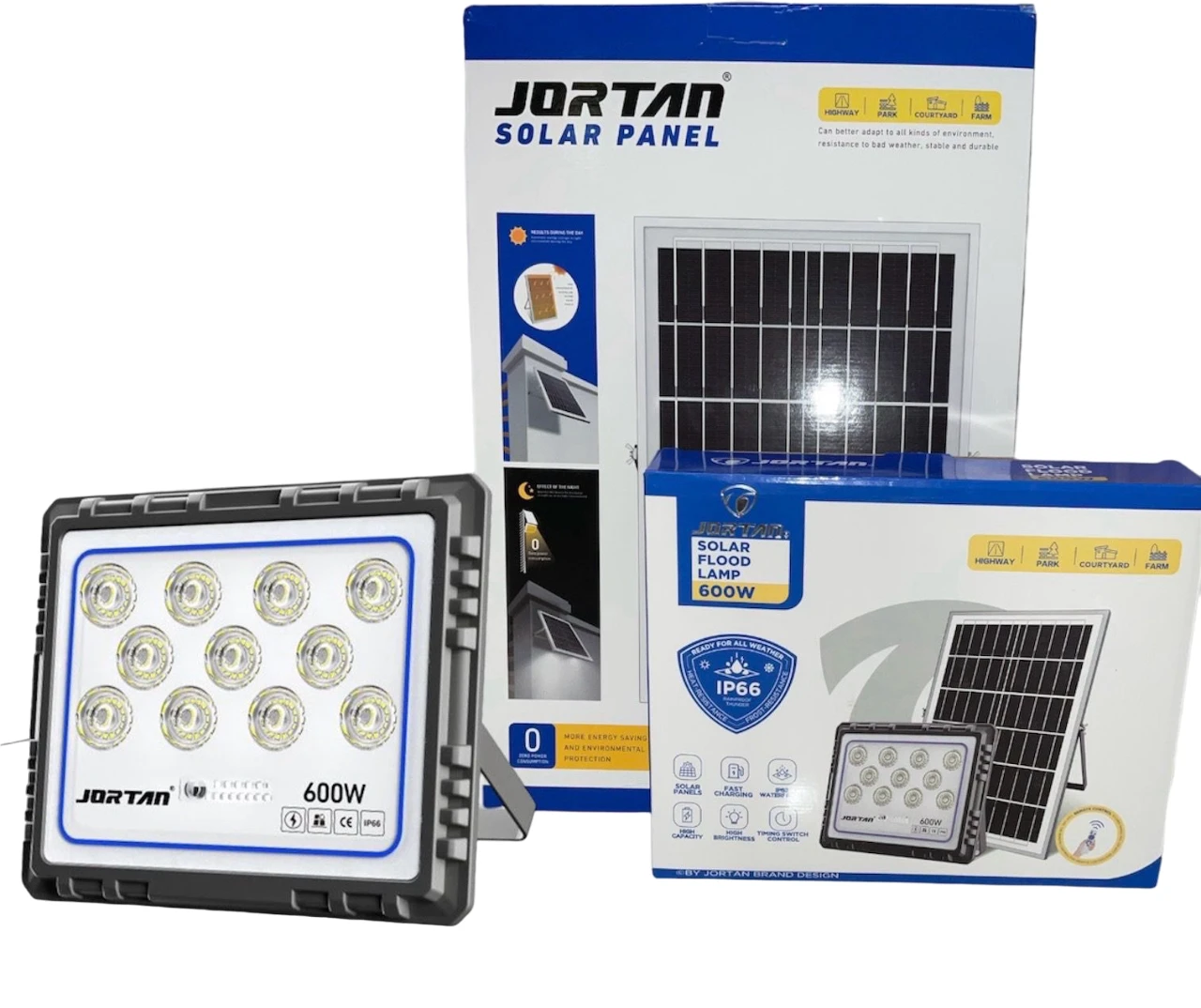 Lámpara LED solar JORTAN JT92008RY 600W con control remoto e impermeabilidad IP66