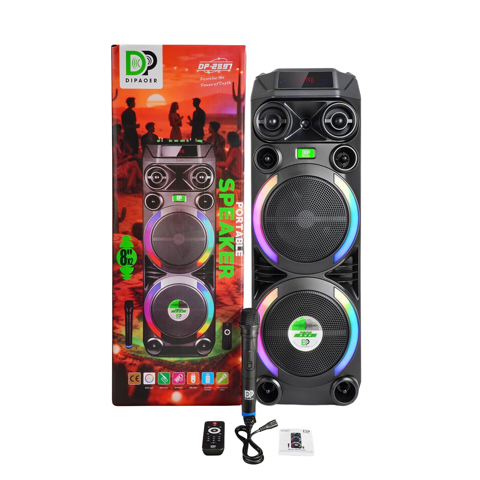 Cabina de sonido DIPAOER DP-2897 Pulse de 60W con doble woofer de 8”, luces LED y micrófono inalámbrico