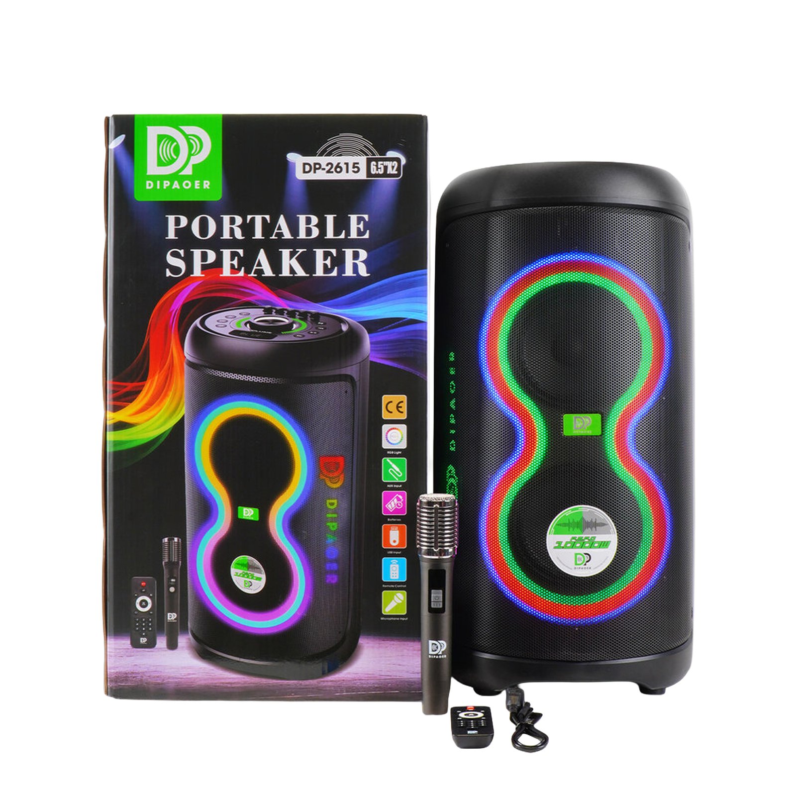 Cabina de sonido Dipaoer Pulse Beam S DP-2615 de 60W con doble woofer de 6”, Bluetooth, luces LED y micrófono inalámbrico