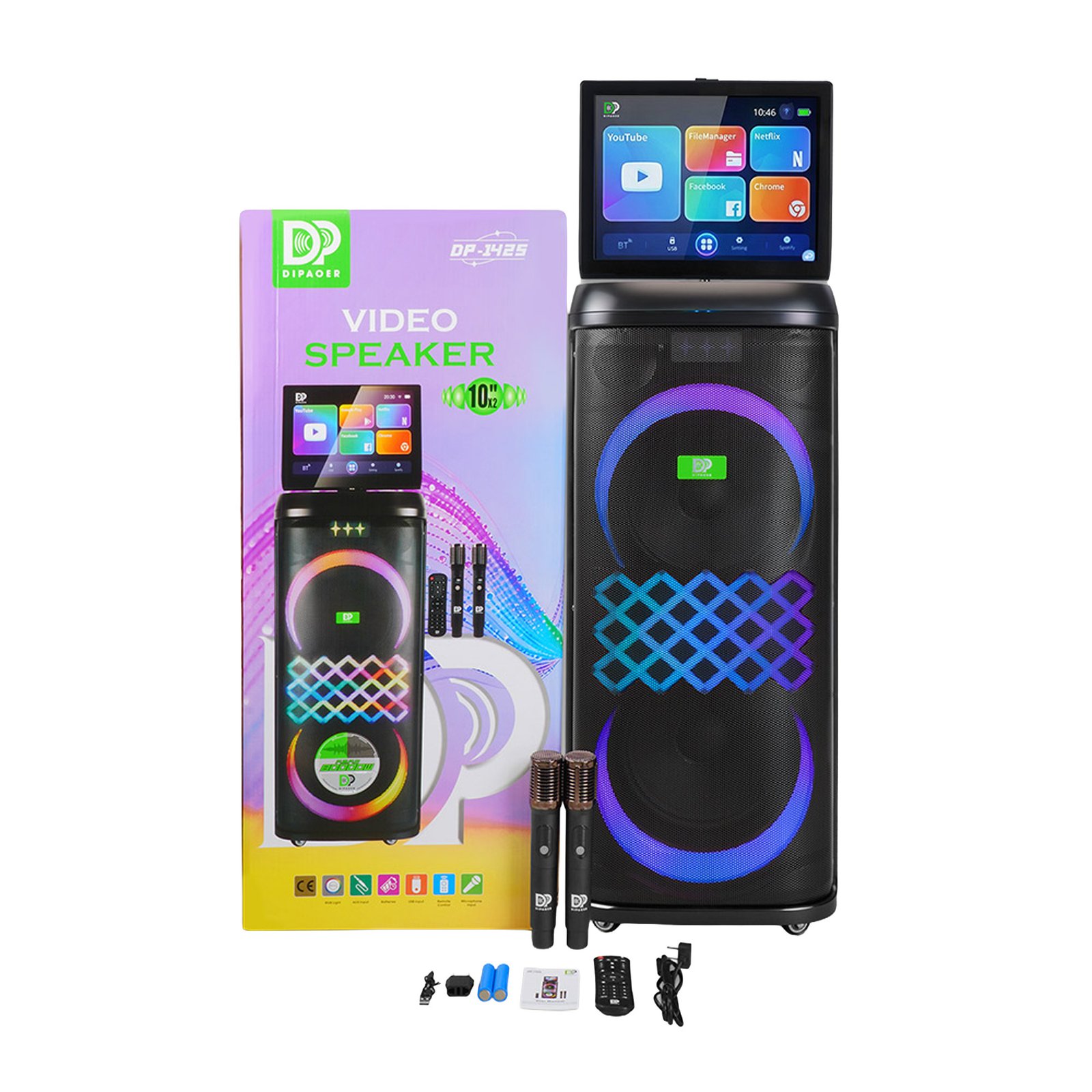 Cabina de sonido inteligente DIPAOER DP-1425 Aura de 200W con pantalla táctil de 14,1”, Android, Wi-Fi 6 y 2 micrófonos inalámbricos