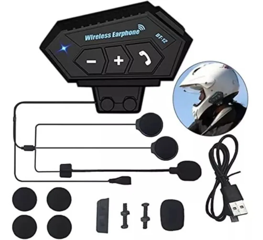Intercomunicador Bluetooth BT12 para casco de moto con micrófono, manos libres y reducción de ruido