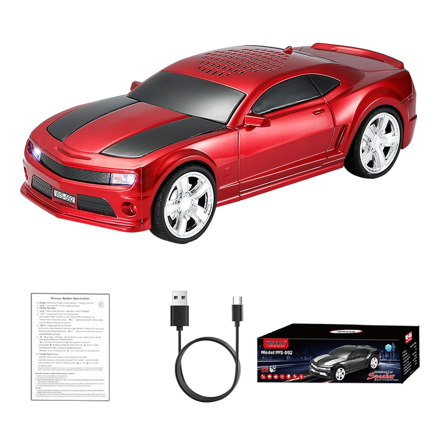 Mini parlante Bluetooth WSTER WS-592 con diseño de carro deportivo, luces LED y radio FM