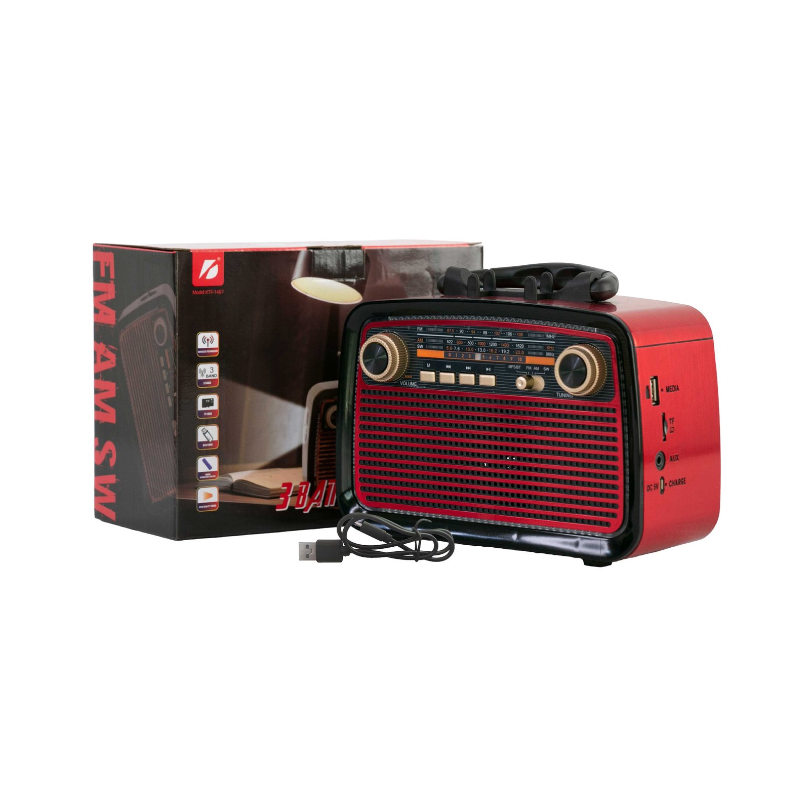 Radio parlante retro vintage KTF-1467 con Bluetooth, AM/FM/SW y linterna LED