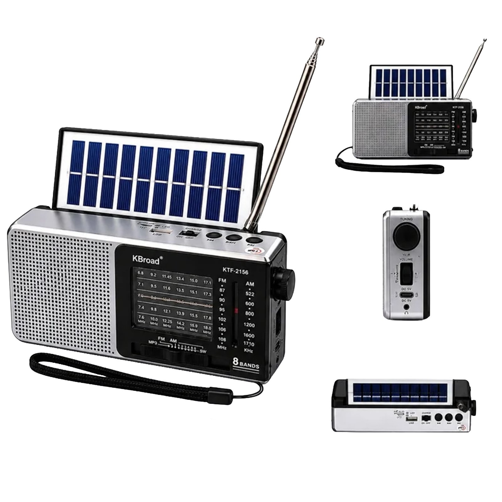 Radio parlante portátil KBroad KTF-2156 con Bluetooth, panel solar y linterna LED