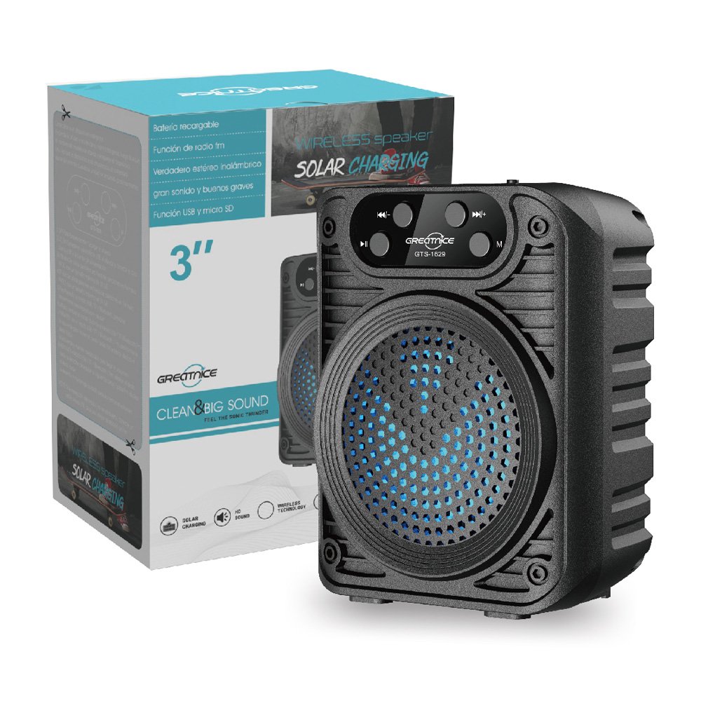Parlante Bluetooth GTS-1629 de 3 pulgadas con panel solar y luces LED
