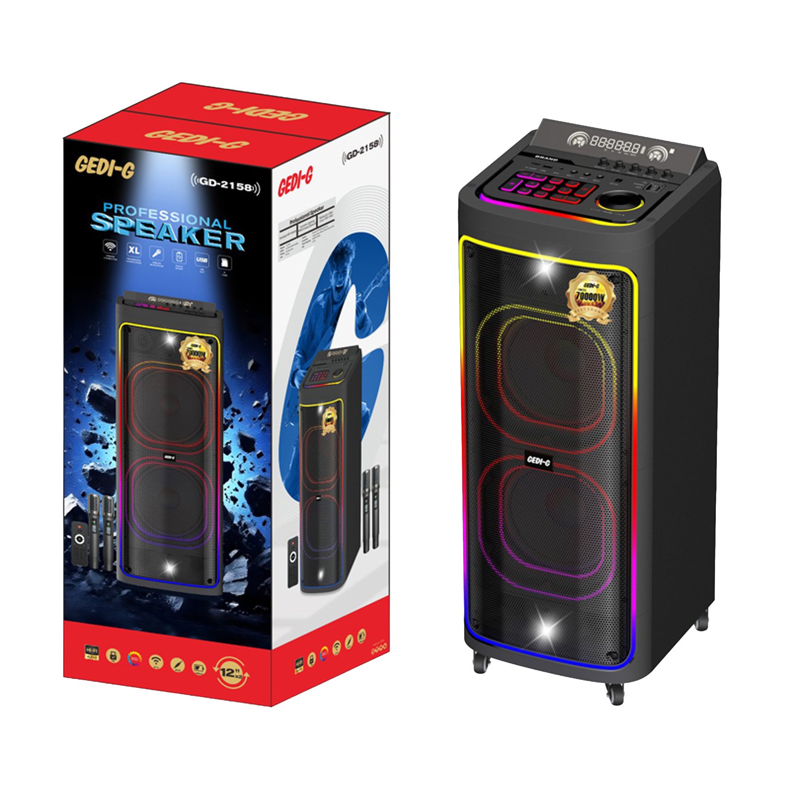 Parlante portátil GEDI-G GD-2158 con 2 micrófonos inalámbricos, Bluetooth y luces LED RGB